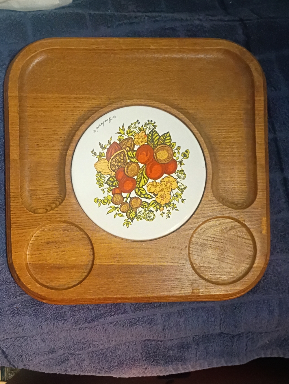 Corningware Brown Wood Tray with Floral Fruit Medallion